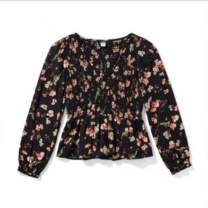 Old Navy Women's Black Floral Smocked V-Neck Peplum Hem Top - Size Small